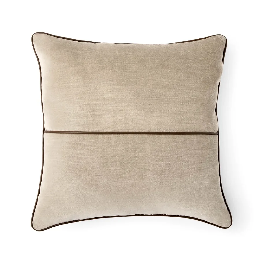 

18" x 18" Beige Velvet With Faux Leather Trim Polyester Decorative Pillow
