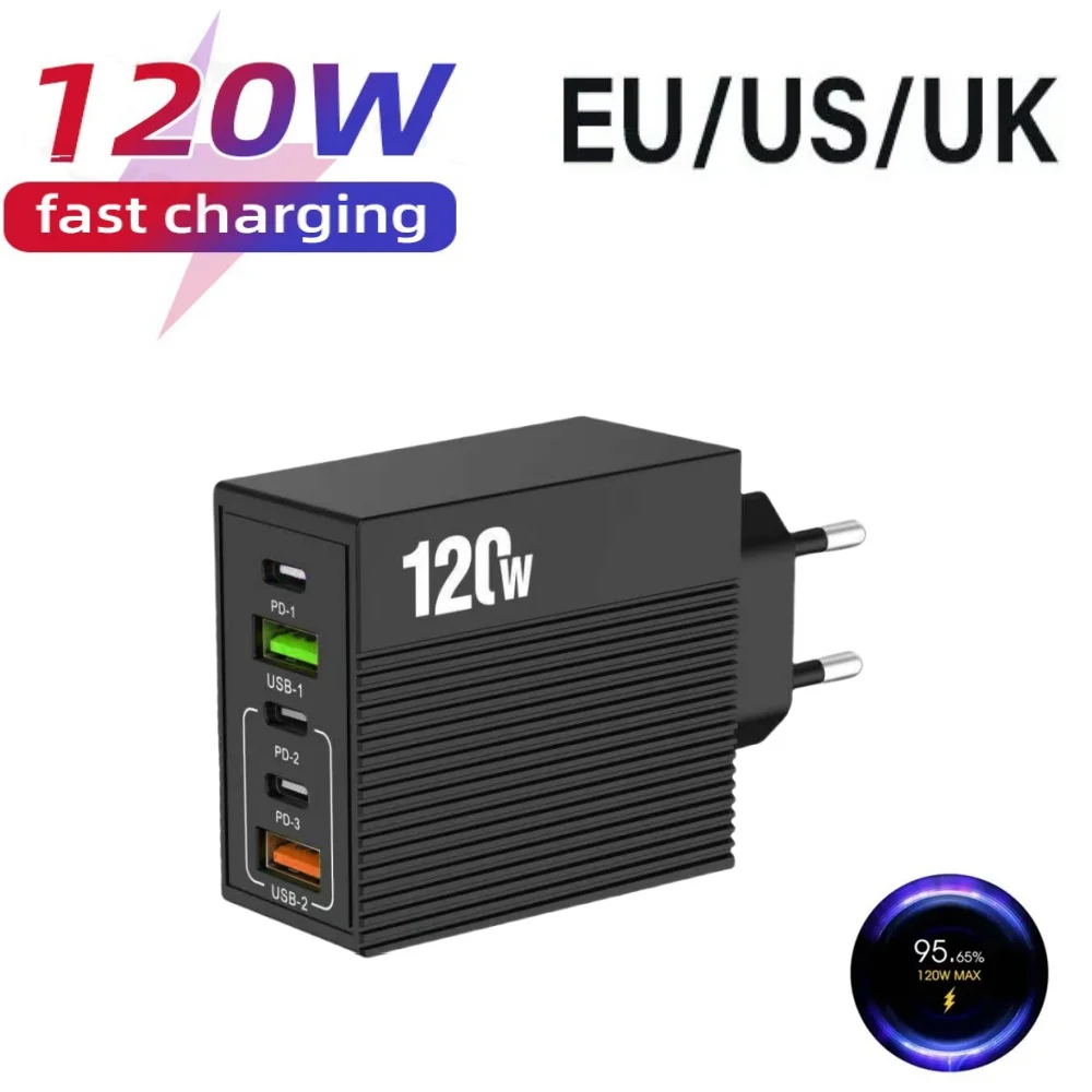5 Ports USB 120W Type C Fast Charger PD Quick Charger 3.0 USB-C Fast Charging Wall Charger Socket For IPhone16 15 Xiaomi Samsung