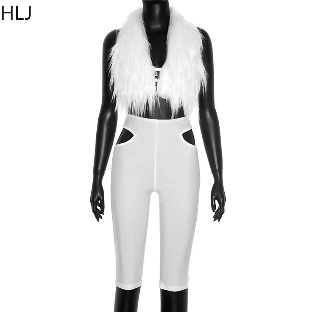 HLJ شتاء جديد مثير الفراء المرقعة 2 قطعة مجموعة للمرأة وتتسابق الرسن أكمام عارية الذراعين المحاصيل بلوزات وسراويل الإناث الشارع الشهير