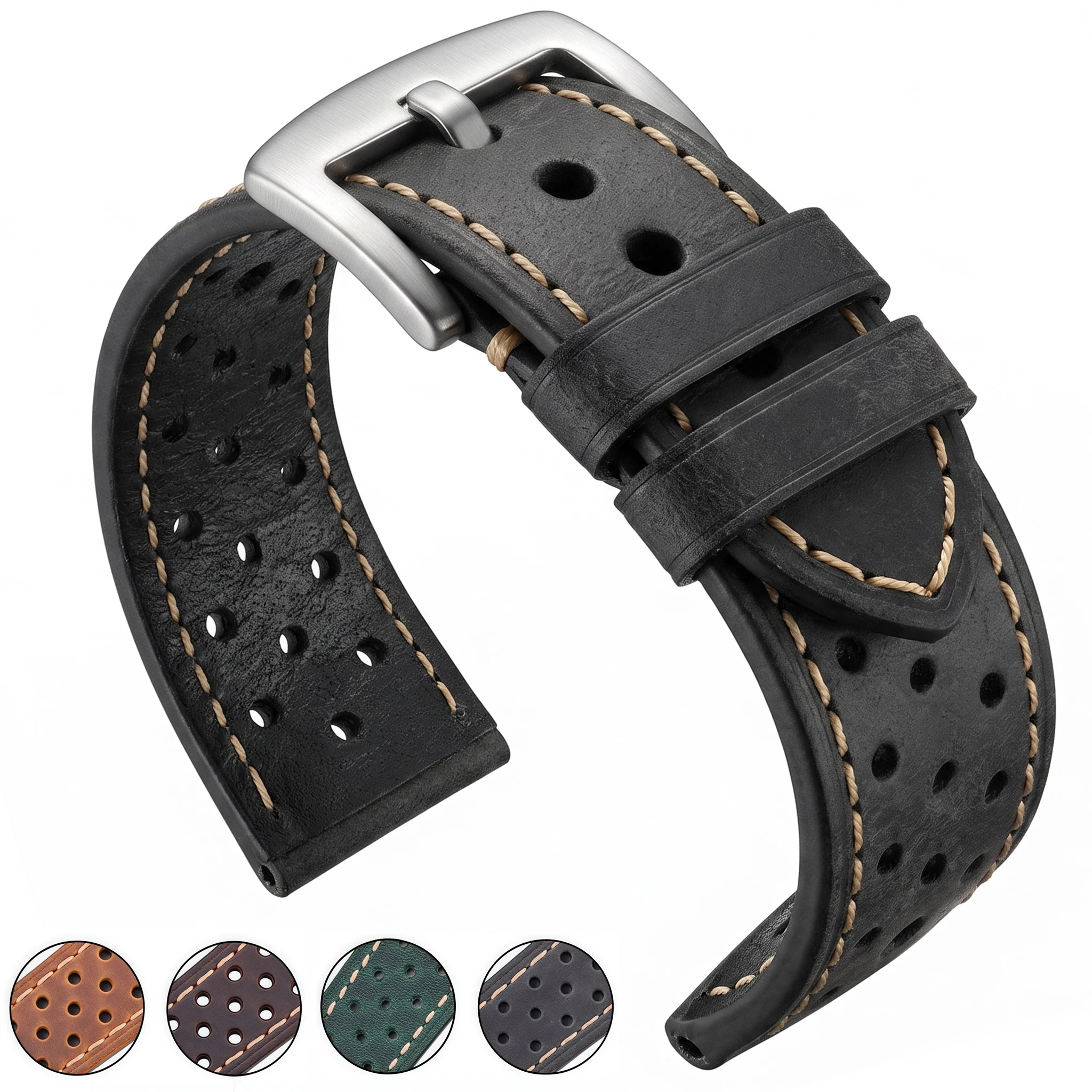 

Genuine Cow Leather Watch Strap Bracelet Women Men Breathable Watchband 4 Colors 20mm 22mm 24mm Belt With Steel Pin Buckle