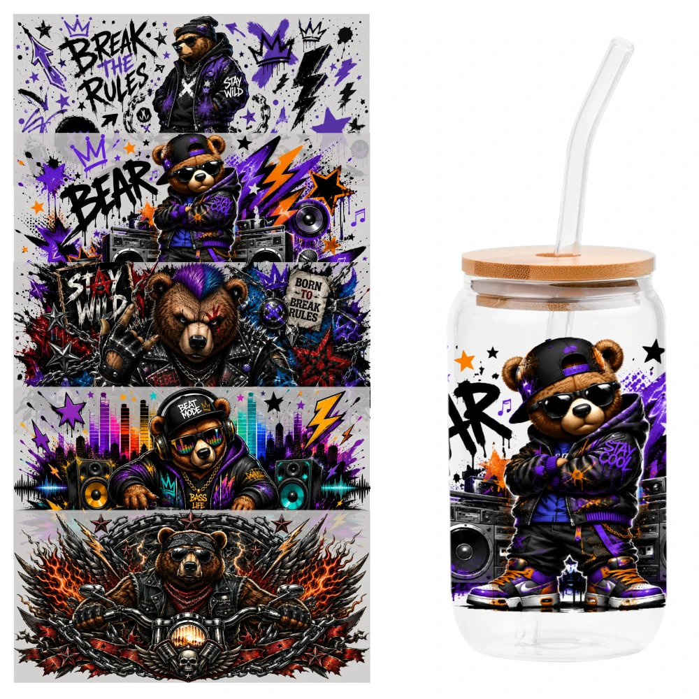 5 Sheets Graffiti Bear UV DTF Stickers Transfer Sticker Decal UV DTF Transfer Stickers for Glass Cups Waterproof Rub on