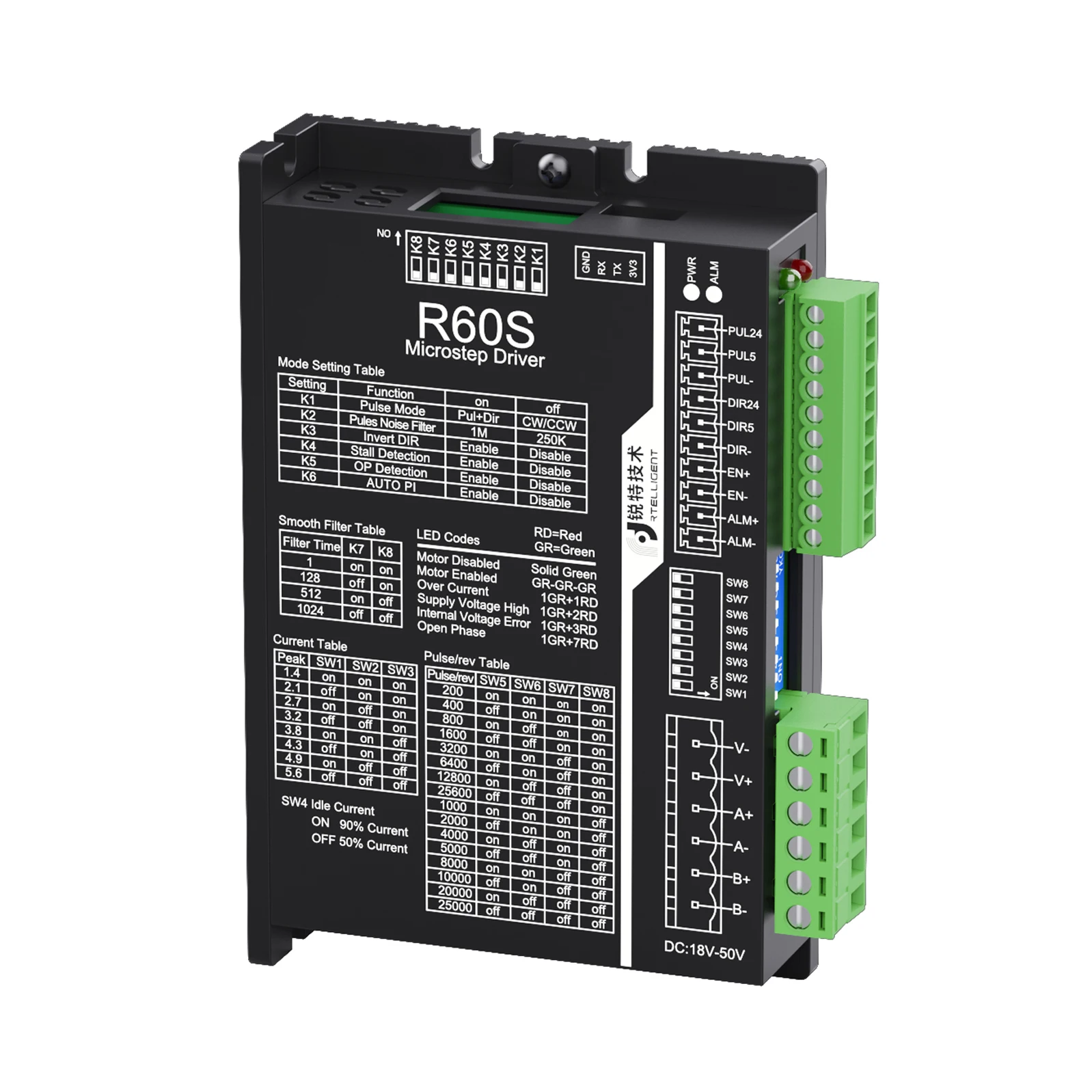 Rtelligent R60S Digital NEMA 23 24 Stepper Motor Driver Controller 24-50VDC 5.6A for NEMA 23 24 Stepper Motor CNC Machine Kit