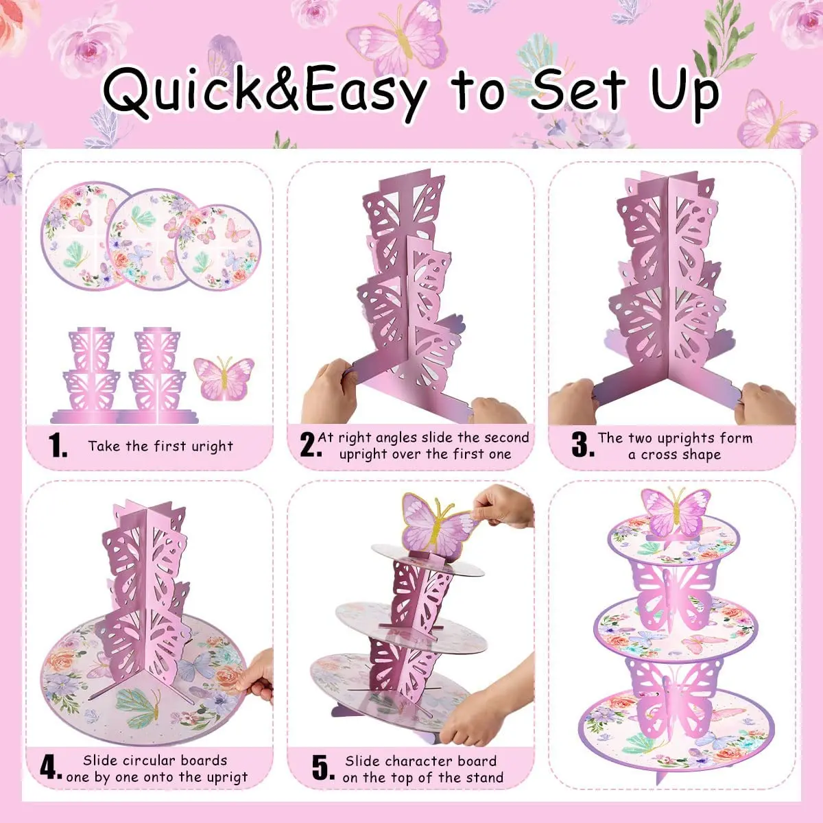 Sursurprise-Butterfly Cupcake Stand, Pink 3-Tier, Cake Holder for Girls, Birthday Party, Table Decorations, Spring