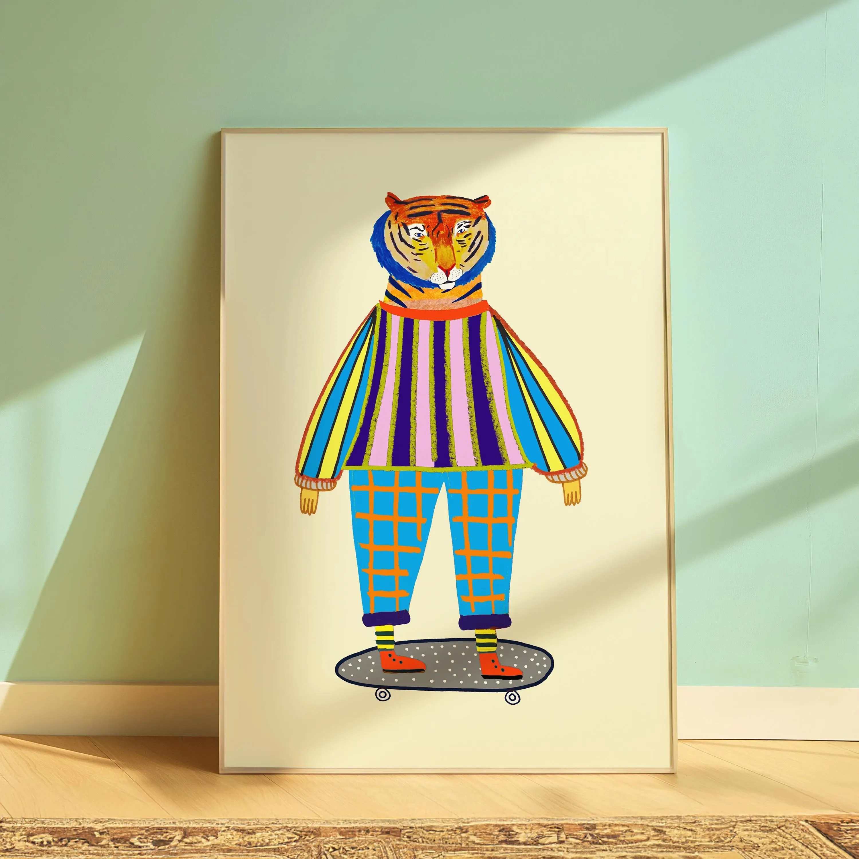 Hipster Tiger Art Print, Kids and Nursery Decor, Gift for Boys Girls Birthday, Christmas, Playroom, Bedroom, Bright Wall Art