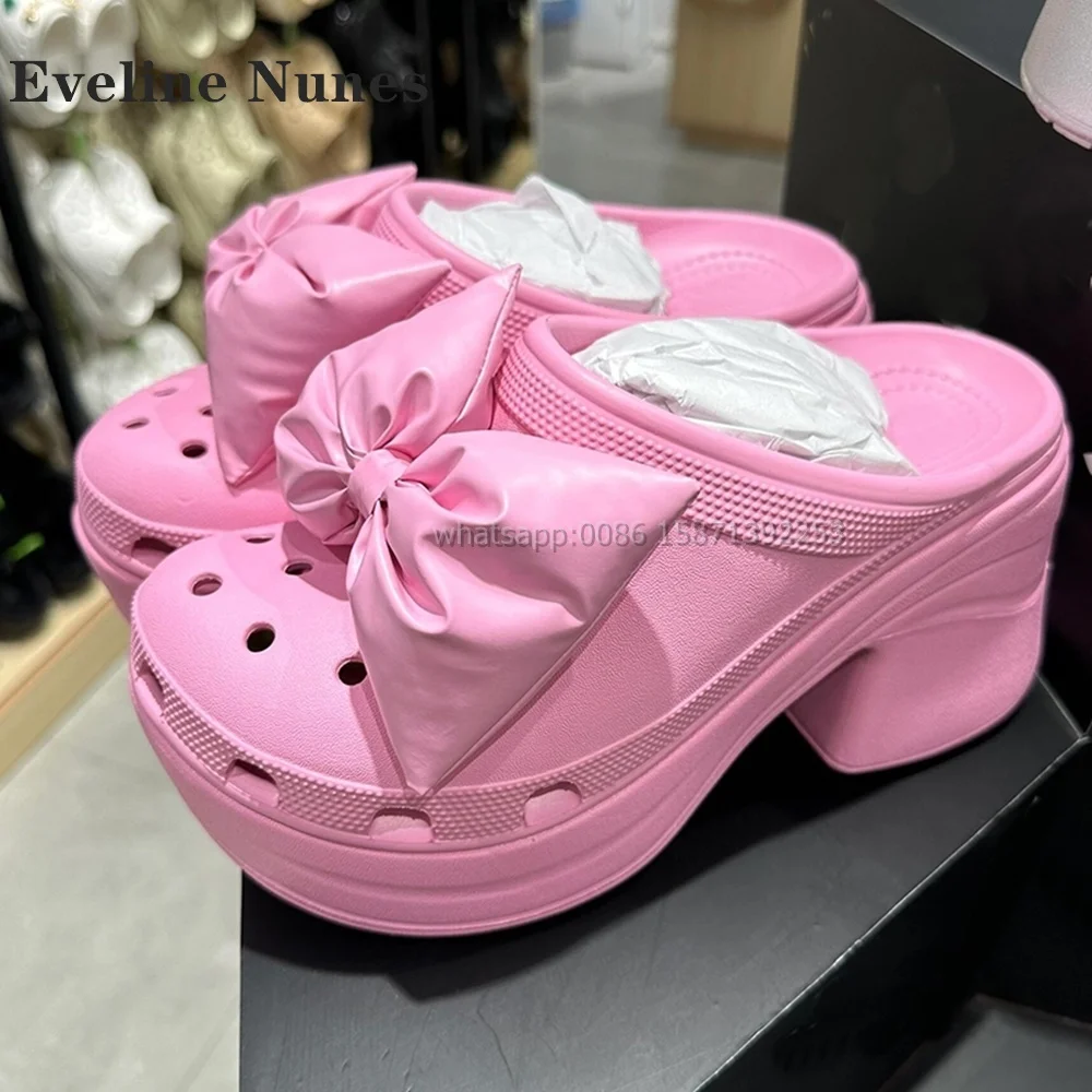 

Pink Bowknot Platform Women Sandals Open Toe Height Increasing Hollow Out Slip On Slides Solid Casual Spicy Girl Slippers Summer