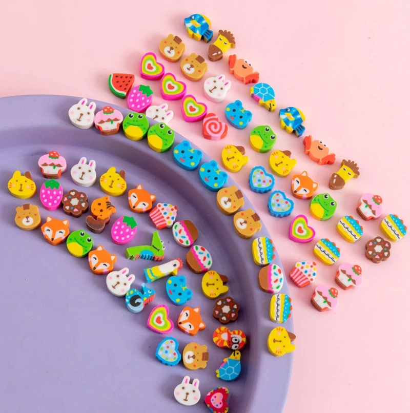 

20/200PCS Fruit & Animal Pattern Rubber Erasers - 1cm School Stationery Set for Students, Office Correction Tools