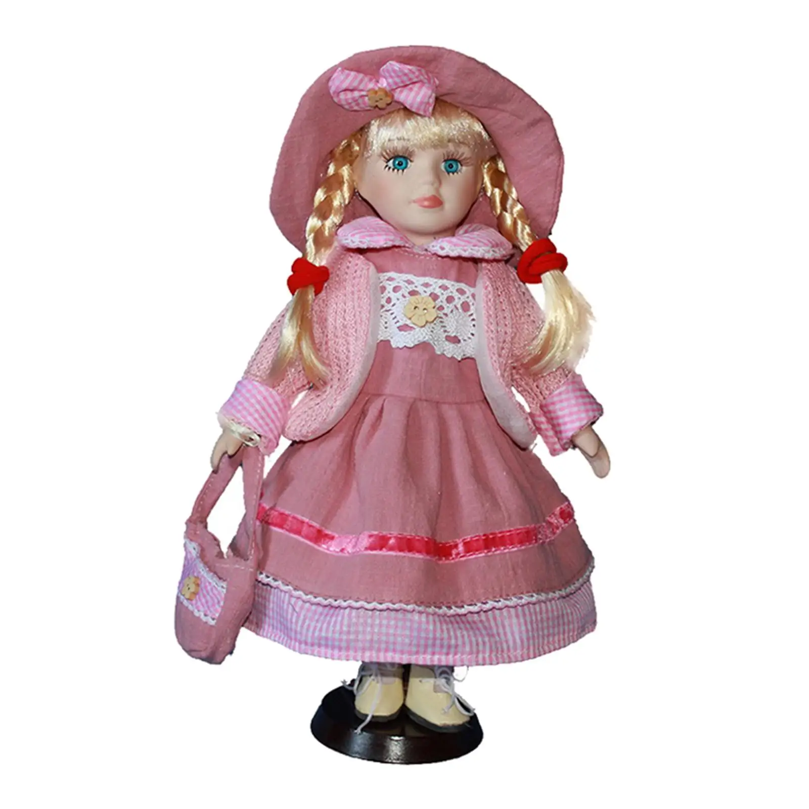 30cm Victorian Porcelain Doll with Pink Clothes & Stand Home Display Decor