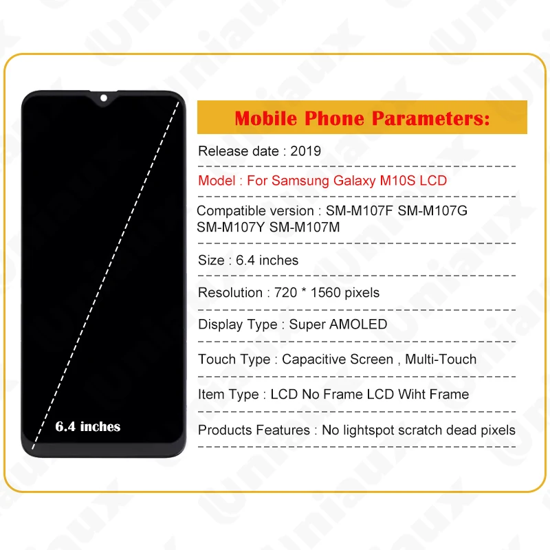 AMOLED LCD For Samsung Galaxy M10S M107F LCD Display Touch Digitizer Assembly Replacement With Frame