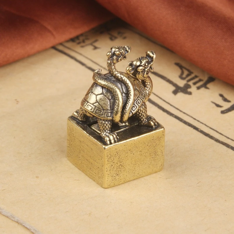Antique Bronze Dragon Turtle Snake Seal Statue Chinese Mythical Animal Xuan Wu Ornaments Copper Figurines Desk Decorations Craft