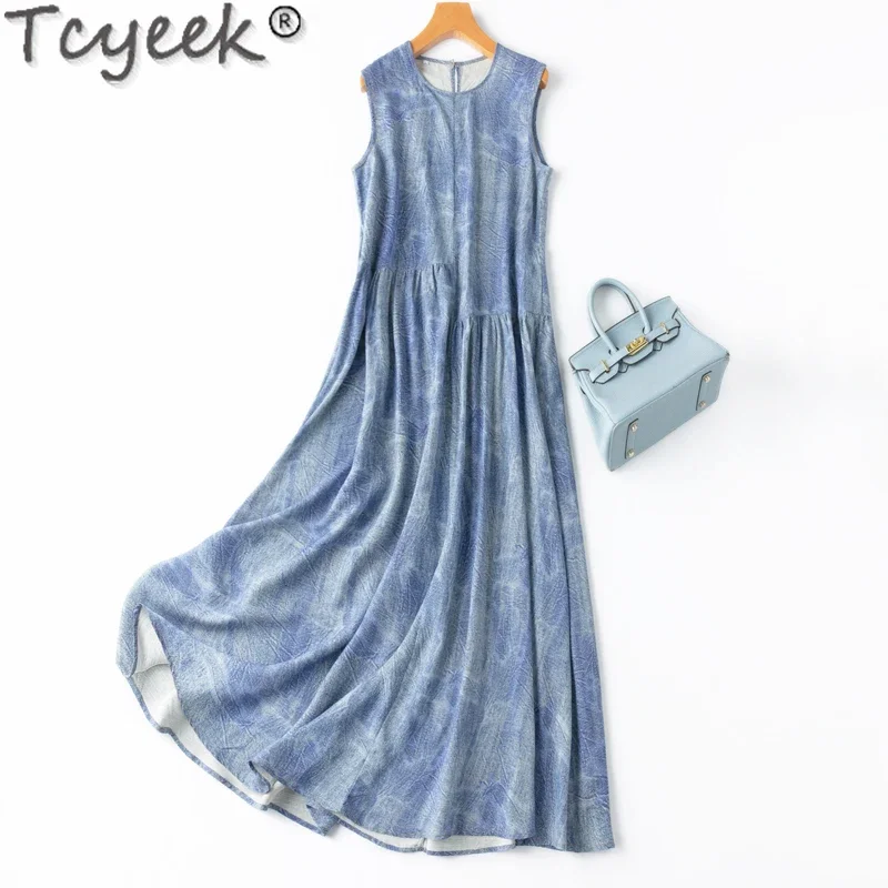 

70% Mulberry Silk+30% Cotton Dress 2024 Fashion Maxi Dresses for Women Summer Clothes Sleeveless Dress Vestido Feminino