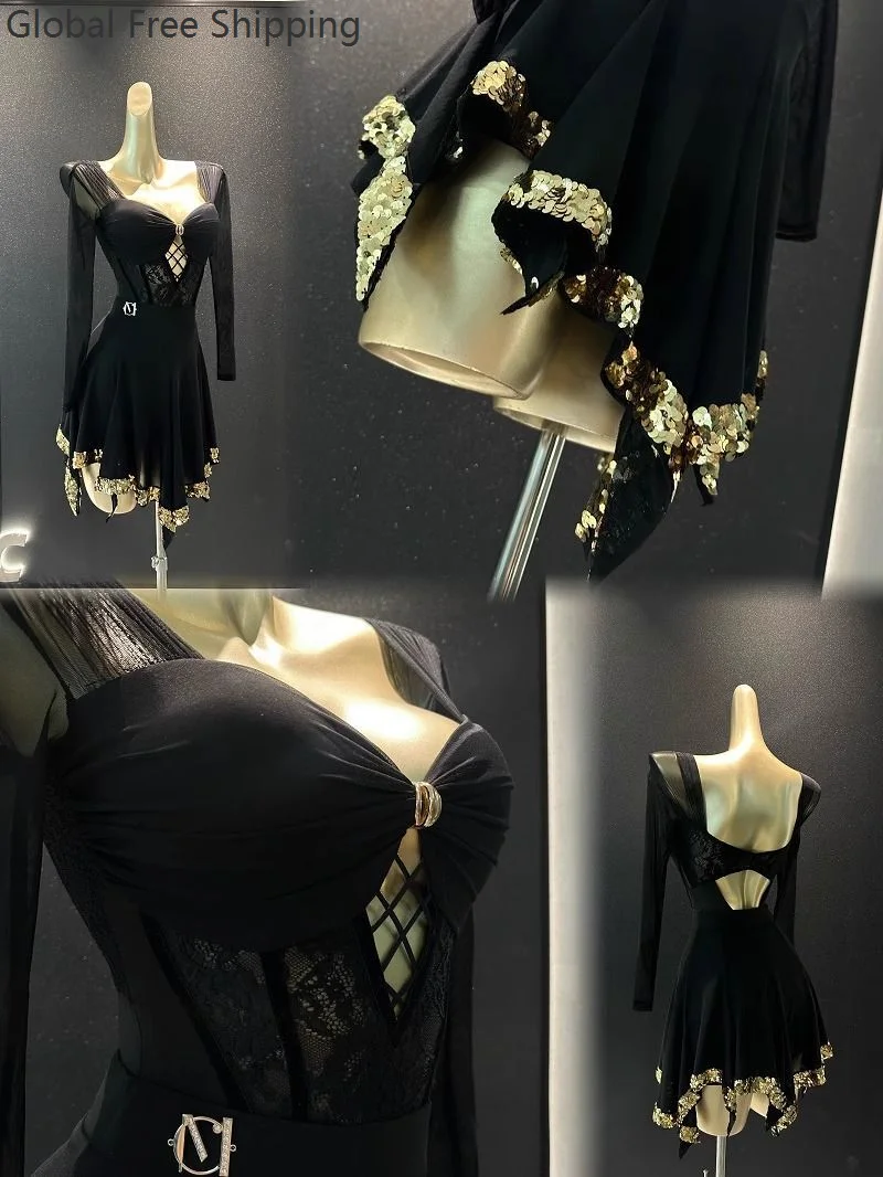 طقم فستان رقص لاتيني للسيدات أداء أسود مثير من الدانتيل الشبكي بدلة سبليت تشاتشا رومبا ملابس ممارسة الرقص اللاتينية للبالغين 2026