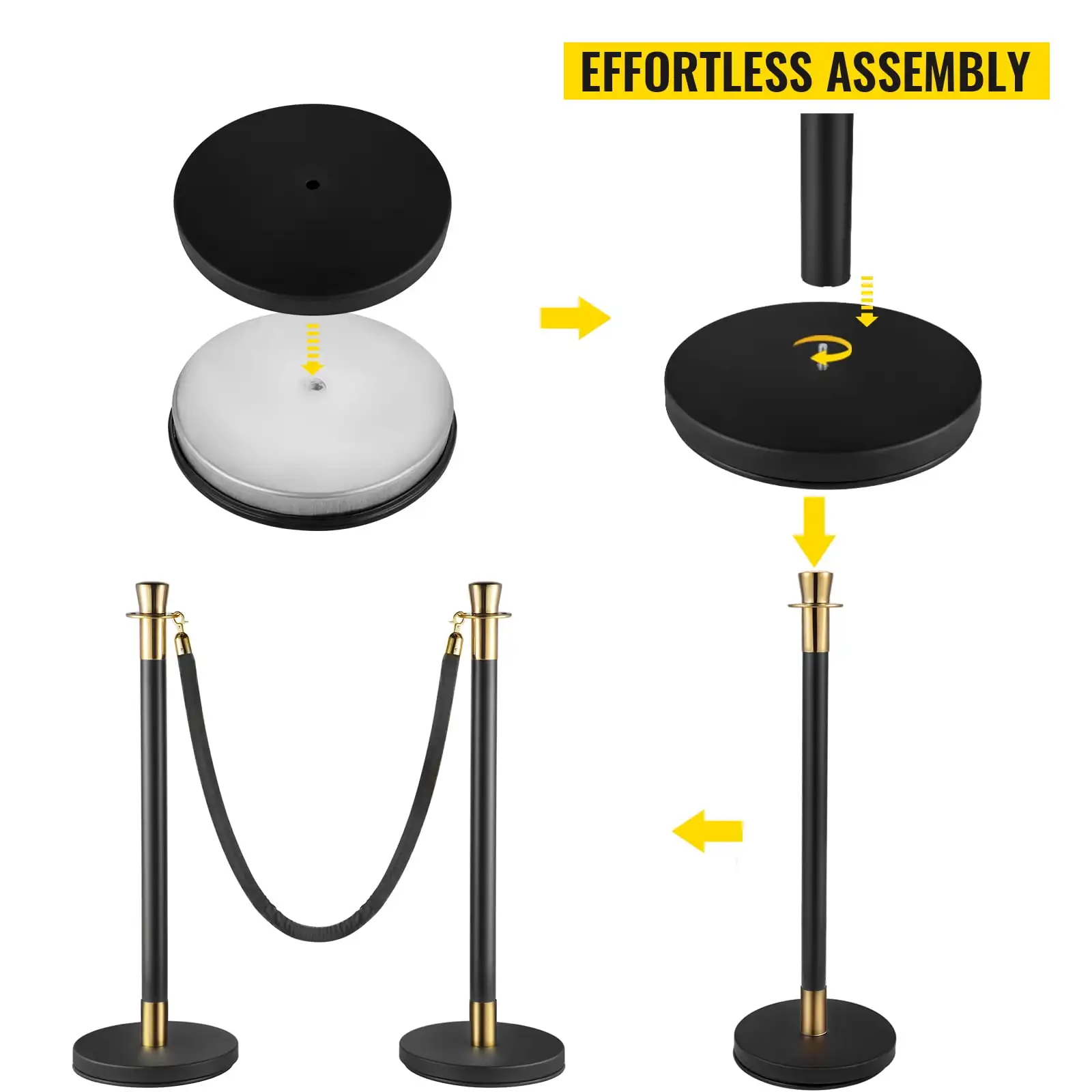 Crowd Control Stanchion, Set of 6 Pieces Stanchion Set, Stanchion Set with 5 ft/1.5 m Black Velvet Rope, Crowd Control Barrier