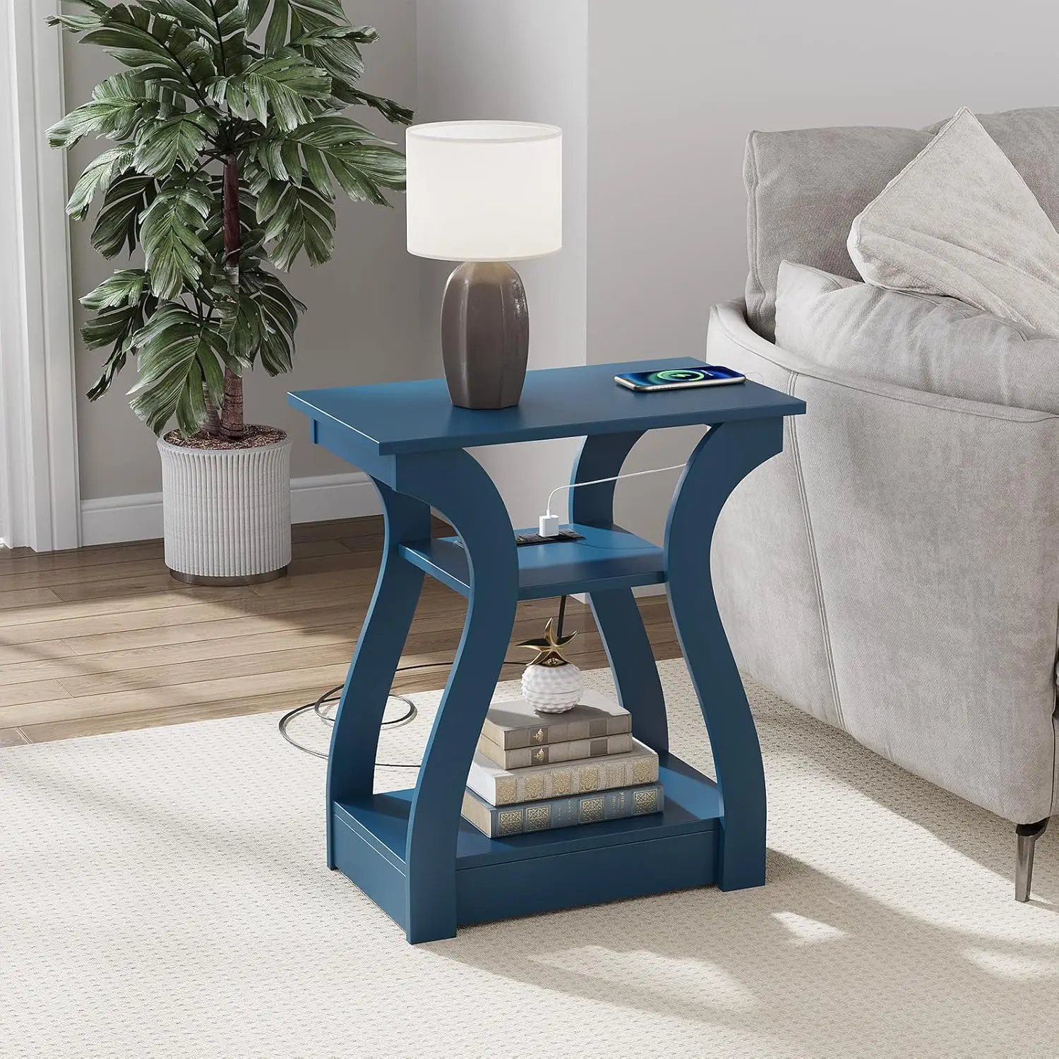 

End Tables Living Room, End Table end Table with Charging Station and USB,Navy Blue Side Table, Nightstand for Bedroom,3 Tier
