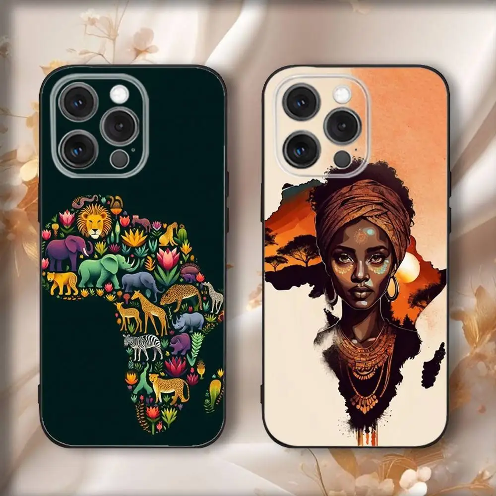 حافظة هاتف Geogra لخريطة أفريقيا لهاتف iPhone16,15,14,13,12,11,Pro,Max,Plus,X,XS,SE4,E,Mini,Soft Black Case