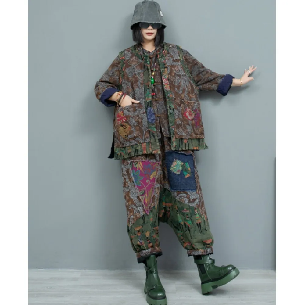 Printed Linen Cotton Pant Set Women Winter Loose Fitting Vest Jacket + Inner Top + Wide Crotch Pant Three Pieces Set ZF437