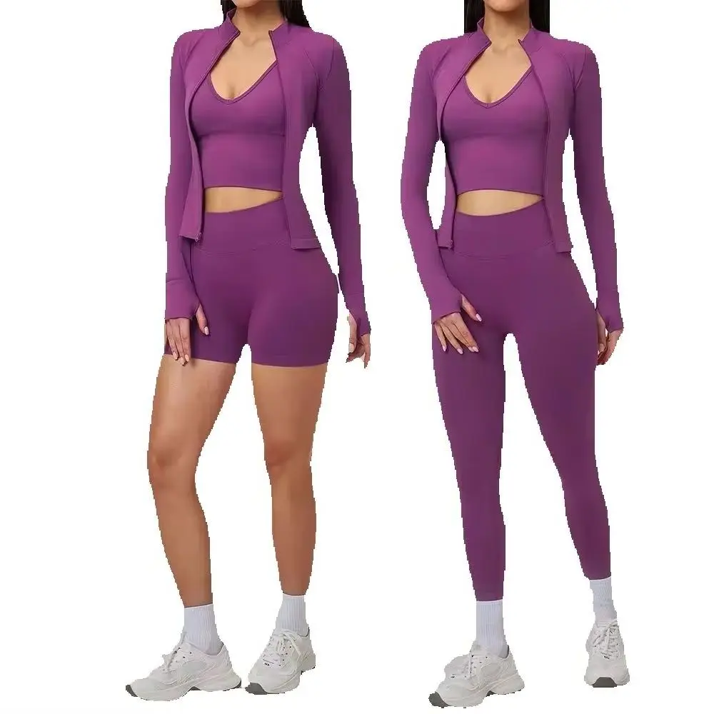 Seamless Yoga Suit 3PCS Gym Set Women Tracksuit Running Sport Workout Clothes Long Sleeve Sports Bra Athletic Wear Yoga Clothing