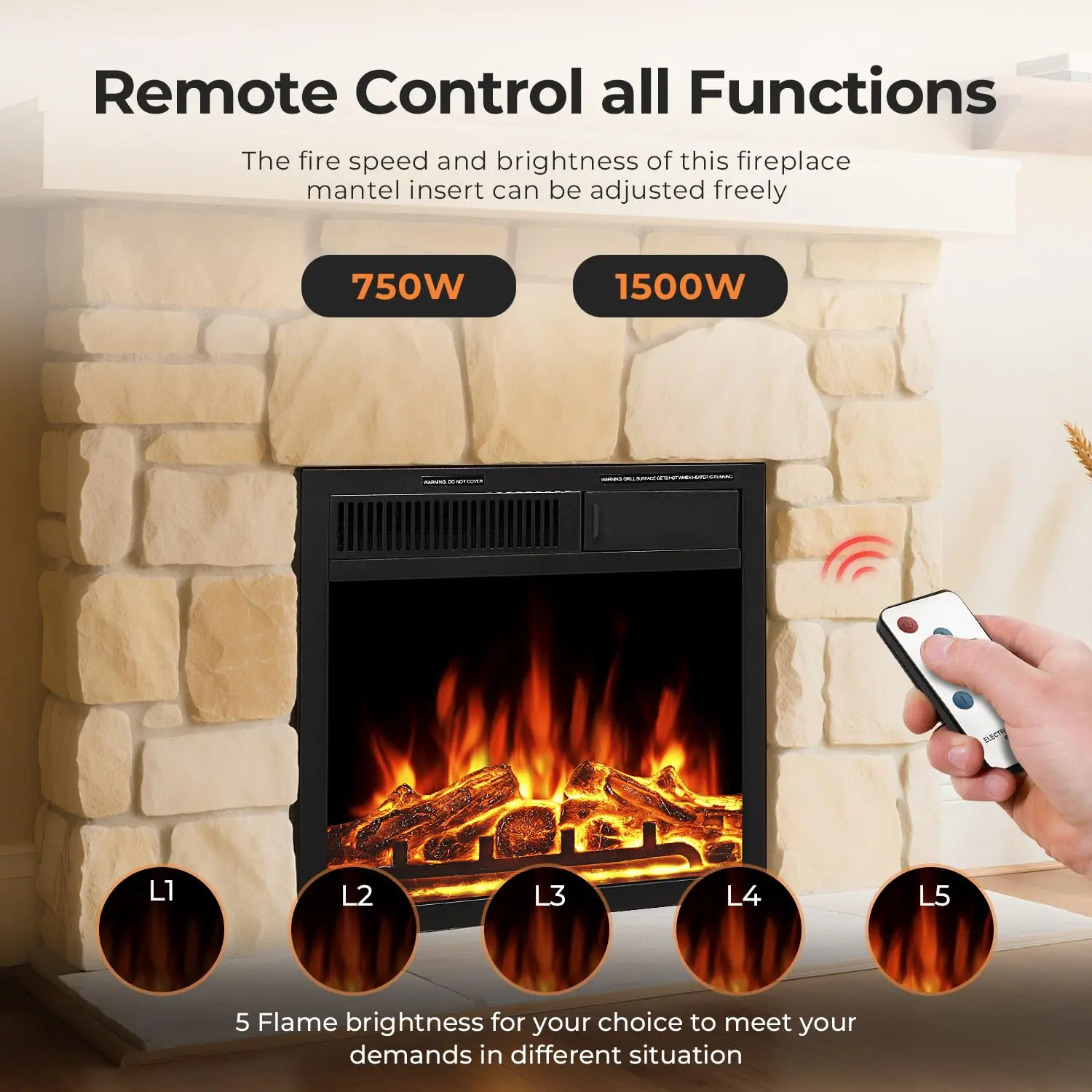 Electric Fireplace Insert, Realistic Flame Colors & Adjustable Brightness Recessed Electric Stove Heater Remote