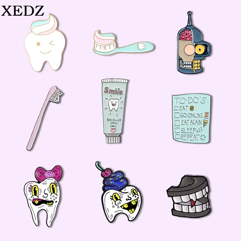 Cartoon Tooth Enamel Pin Funny Toothbrush Wink Smile Teeth Cat Claw Badge Dentist Gifts Kawaii Kids Jewelry Gifts for Friends