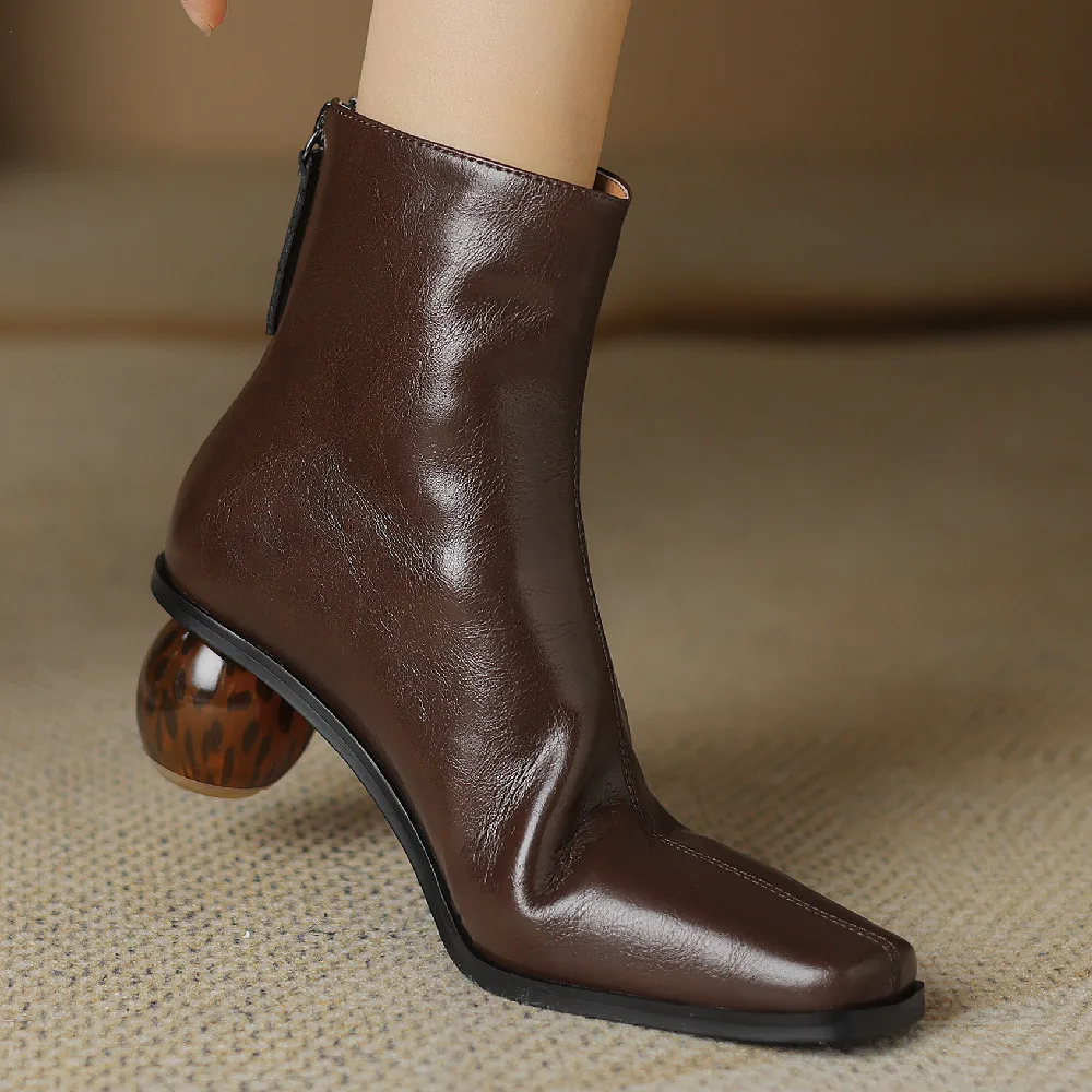 

Women's genuine leather ball heel square toe autumn ankle boots elegant ladies back zip high quality soft comfortable short boot