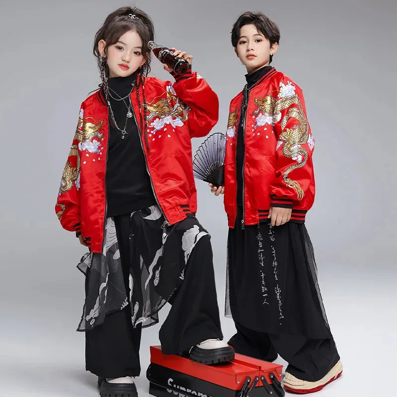 

COSda@Kid Chinese Style Hip Hop Clothing Red Dragon Baseball Jacket Black Casual Wide Leg Pants for Girls Boys Dance Costume Clo
