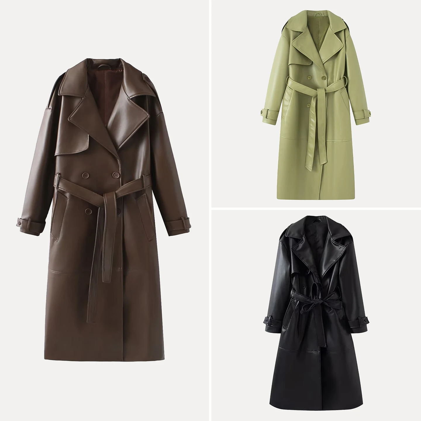 

Faionable Loose Long Pure Color Women's Coat Autumn 2025 Slimming Leather Windbreaker Commute Sle Double Breasted