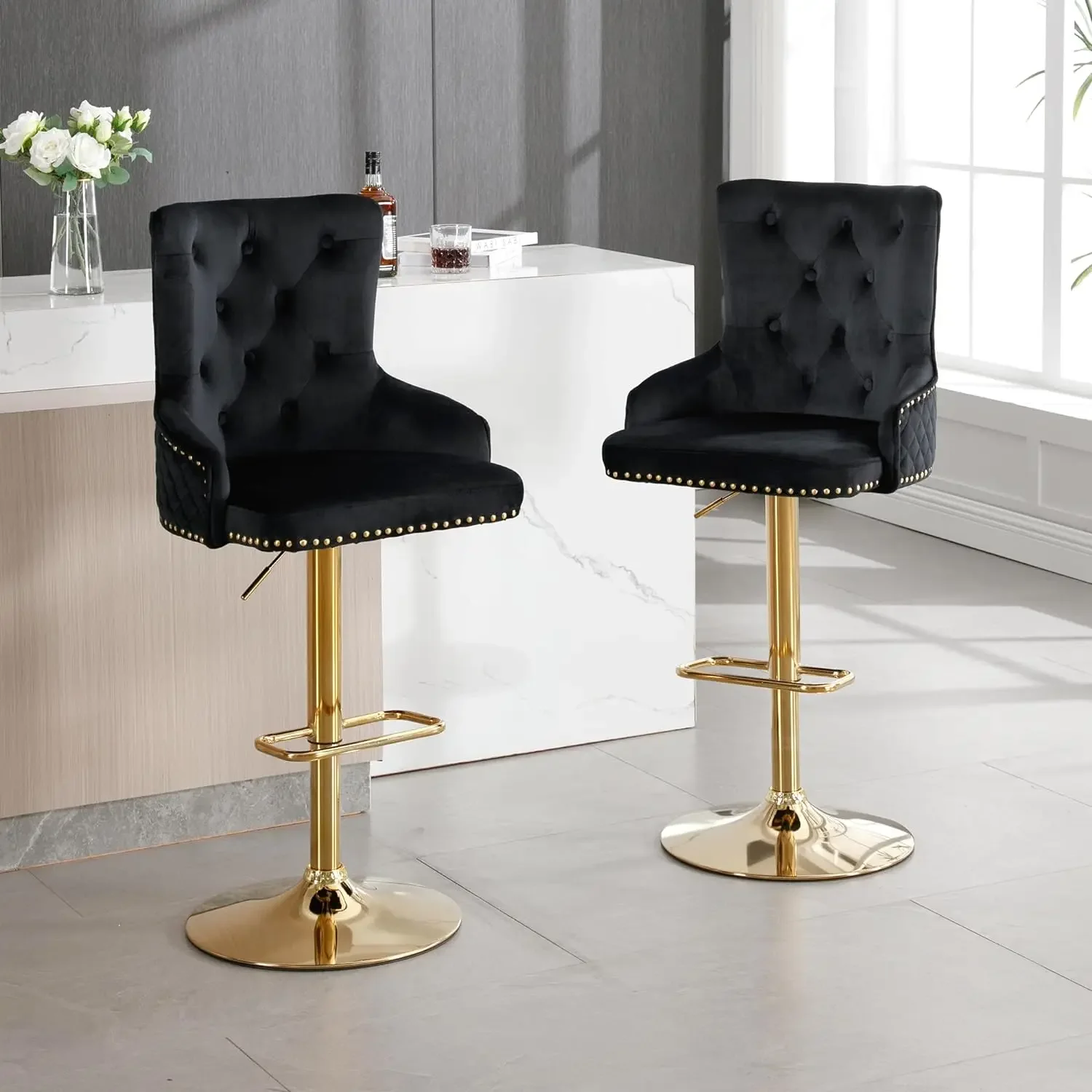 Bar Stool Set of 2 Golden Lion Pull Ring Swivel Chair for Kitchen Counter Nailhead Upholstered Barstools Height Adjustable