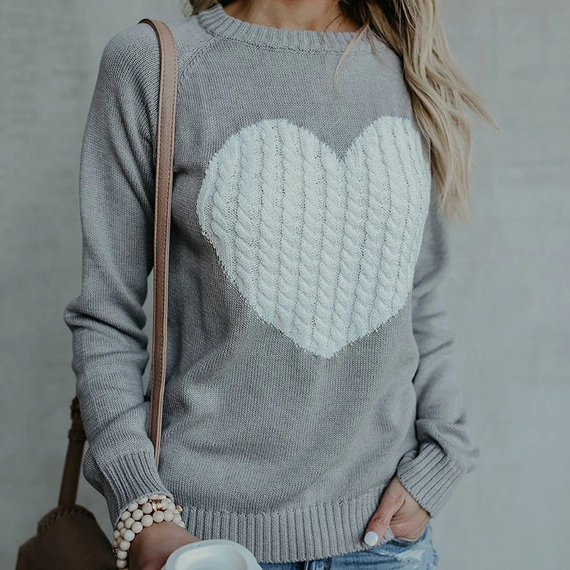 Suéteres de punto con cuello redondo para mujer, jersey de manga larga con corazón, suéteres de retazos informales, suéter de punto para mujer, Otoño e Invierno