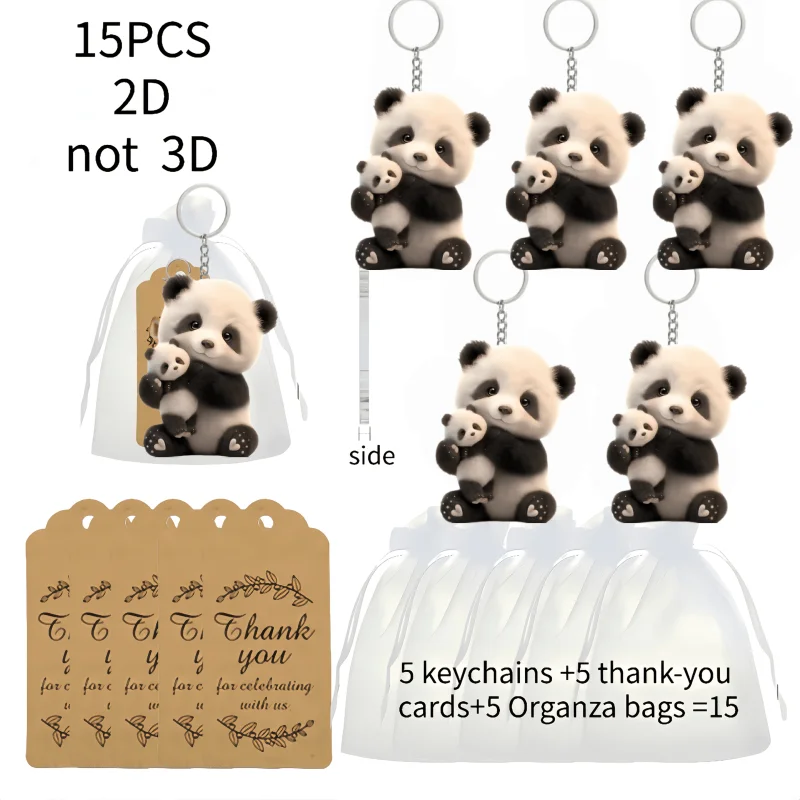 5sets Panda Keychain Including 2D Decorative Pendant & Thank You Cards & Gift Yarn Bags Schoolbags Car Keys Wallets Decoration