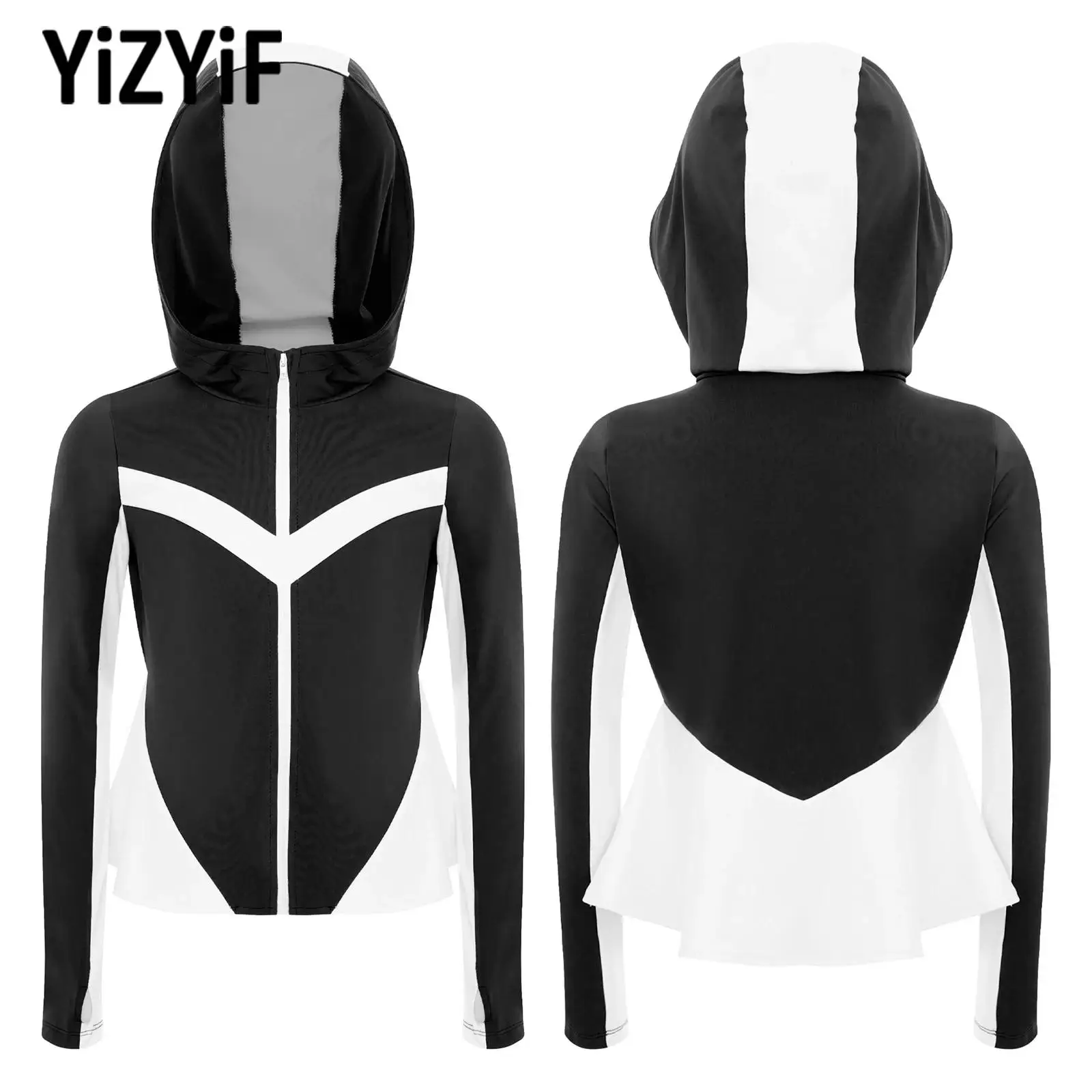 

Child Girls Color Block Workout Hooded Jacket Yoga Sweatshirt Quick-Drying Athletic Top Sportswear for Casual Running Cycling