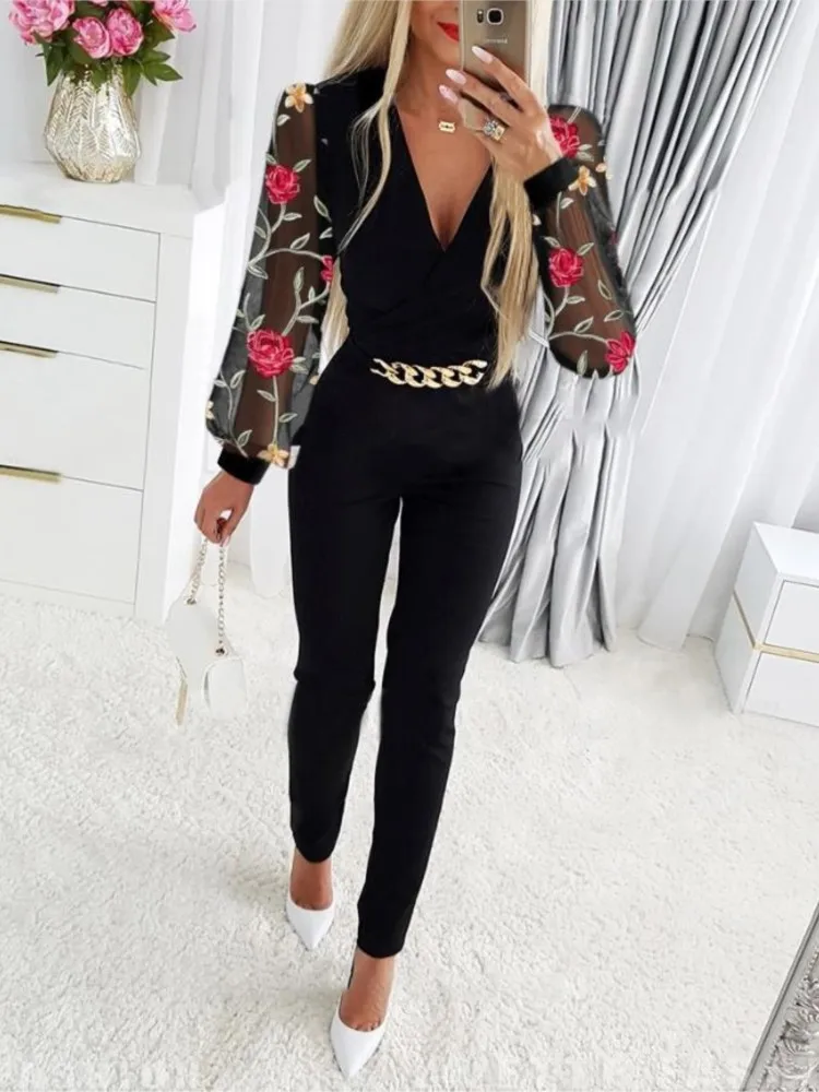 2024 Sexy Deep V-neck Mesh Long Sleeve Jumpsuit Spring Autumn One Piece Overall Women Black Elegant Chain Decor Party Jumpsuits