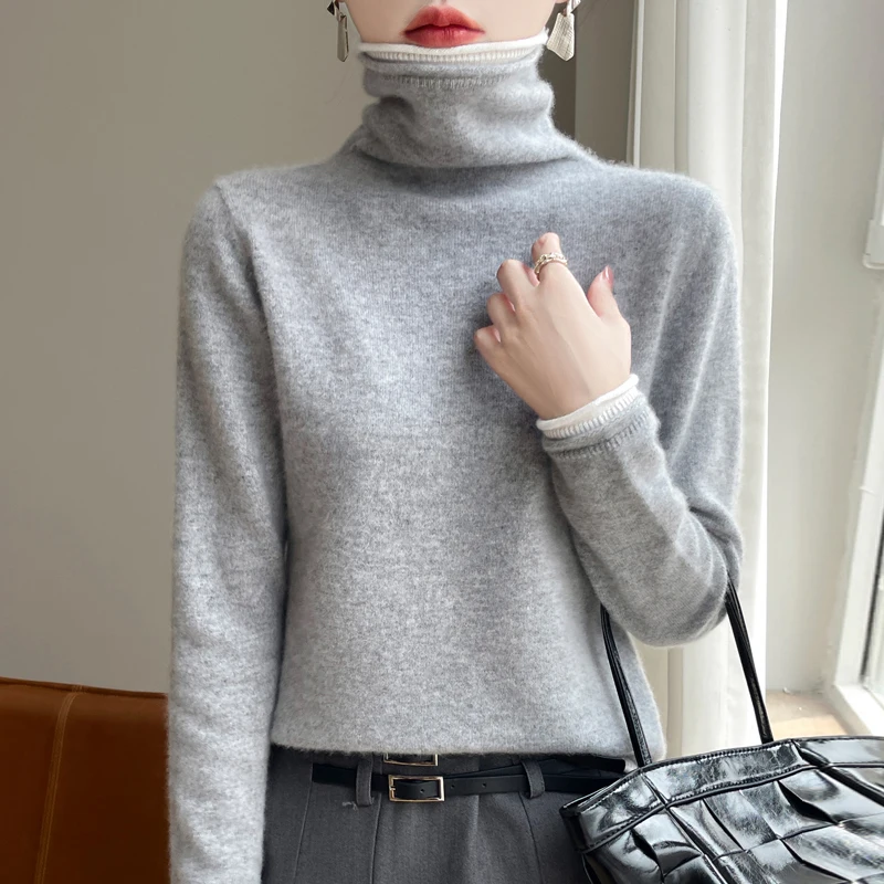 24 Autumn and winter new 100% Merino wool pile collar knitted bottom female white edge false two turtleneck loose pullover sweat