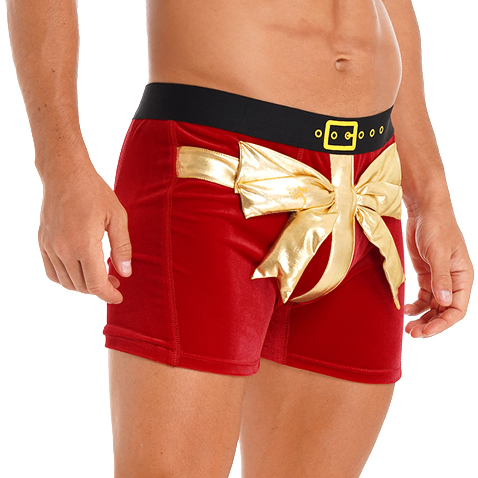 Mens Bowknot Velvet Boxer Brief Christmas Holiday Santa Claus Theme Party Costume Funny Wide Elastic Waistband Shorts Underwear