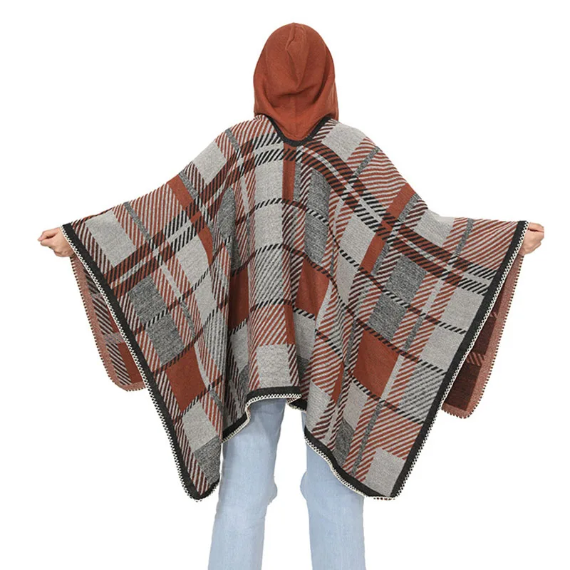 

Fashion Contrast Color Plaid Acrylic Cashmere Cape Hooded Long Poncho Unisex Leisure Travel Cloak Coat Autumn Winter Thick Shawl