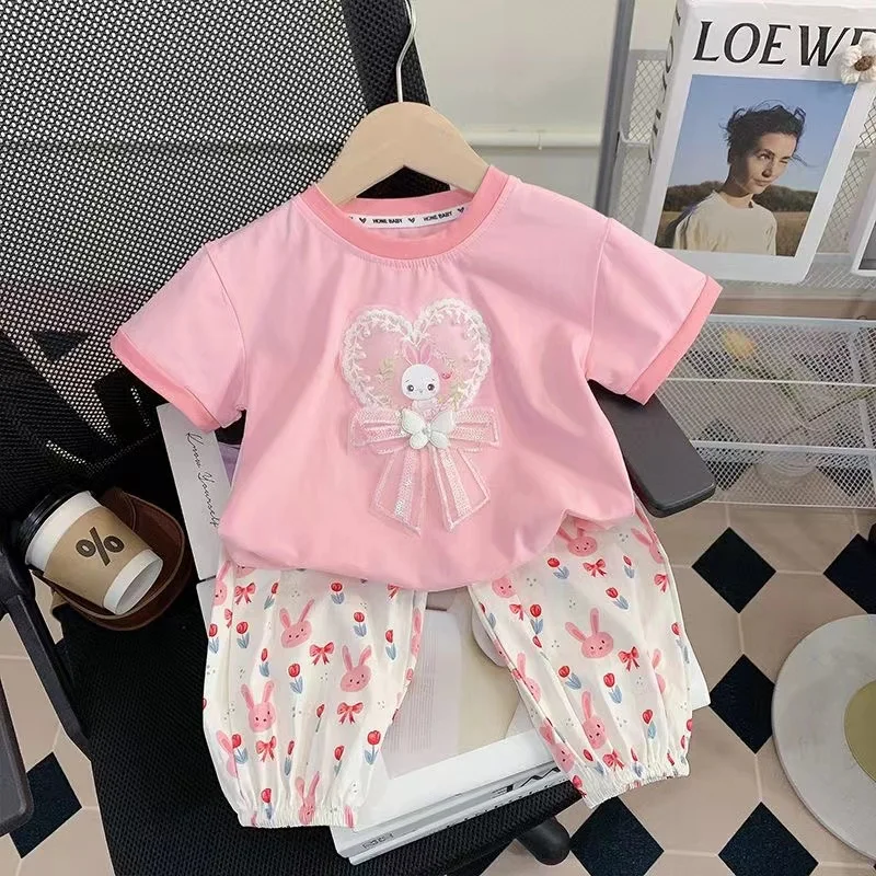 Summer Baby Girls Clothes Set Sweet Rabbit Knotbow T-shirts and Pants 2pcs Suit Children Fashion Flower Top Bottom Outfits