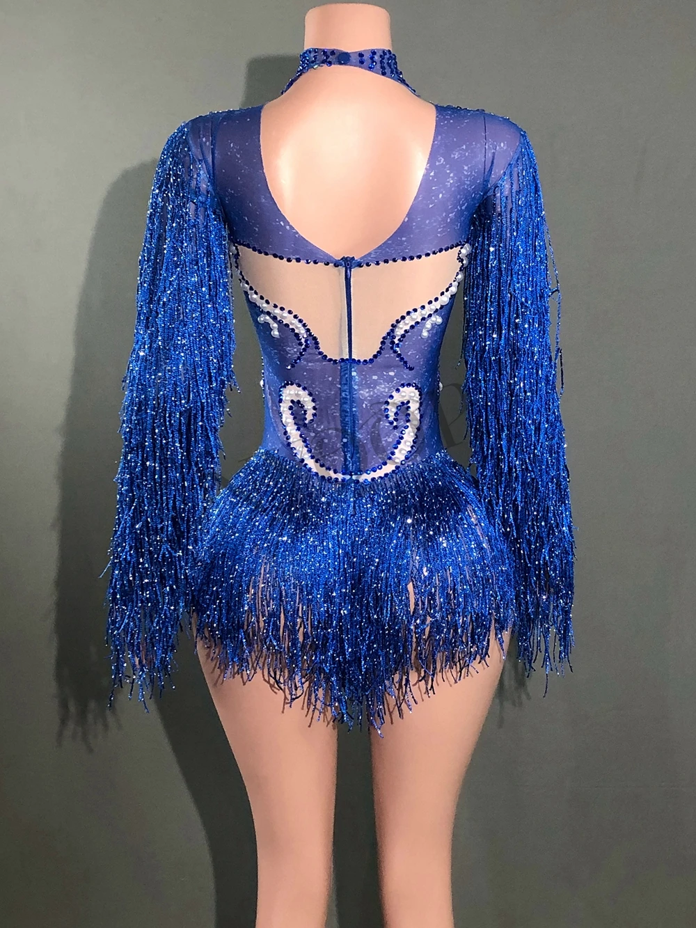 Sparkly Strass Lange Mouw Franjes Bodysuit Vrouwen Sexy Mesh Transparante Prestaties Dans Kostuum Zanger Danser Stadium Slijtage