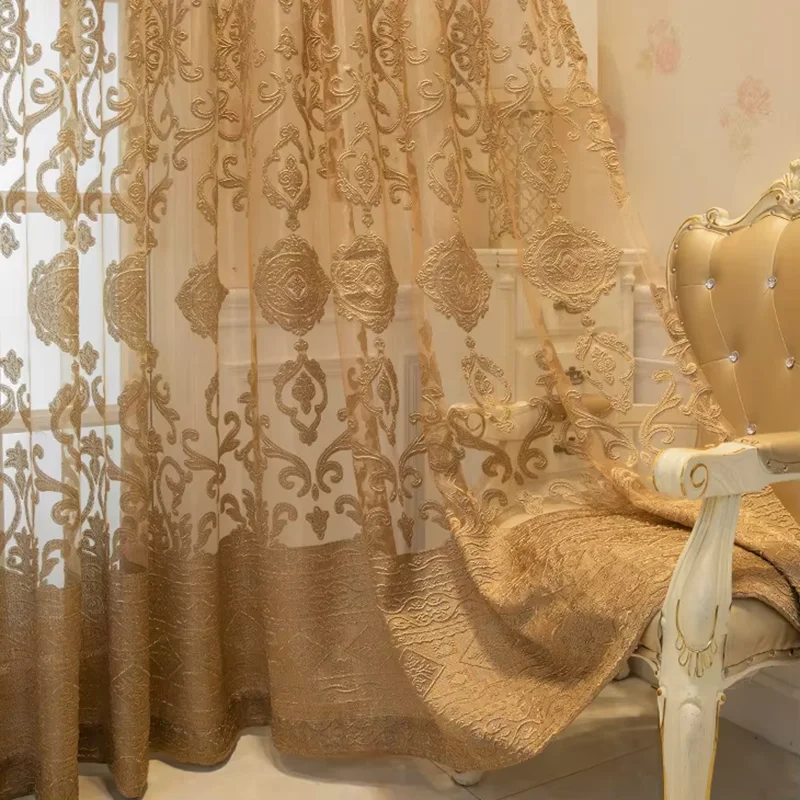 Modern Minimalist Jacquard Golden Sheer Curtains For Luxurious Living Room,Bedroom, High-end Dust-Proof Partition Tulle Curtains
