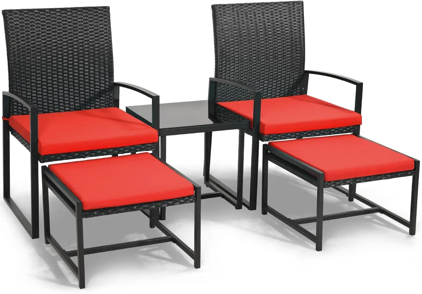 

5 Pieces Wicker Patio Sets, Rattan Furniture Set with Coffee Table and 2 Ottomans,Ideal for Garden,Yard,Poolside,Red Cushion