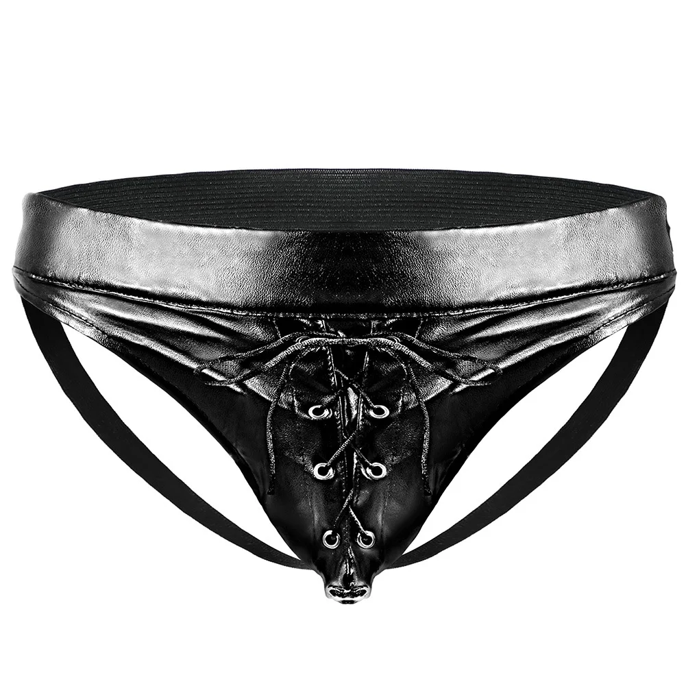 

Men's Faux Leather Lace-Up T-Back Thong, Wide Elastic Waistband Sexy Underwear