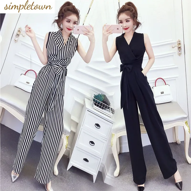 Striped Jumpsuit for Women\'s Summer Fashion Chiffon Sleeveless High Waist Temperament Goddess Style Wide Leg Long Pants Jumpsuit