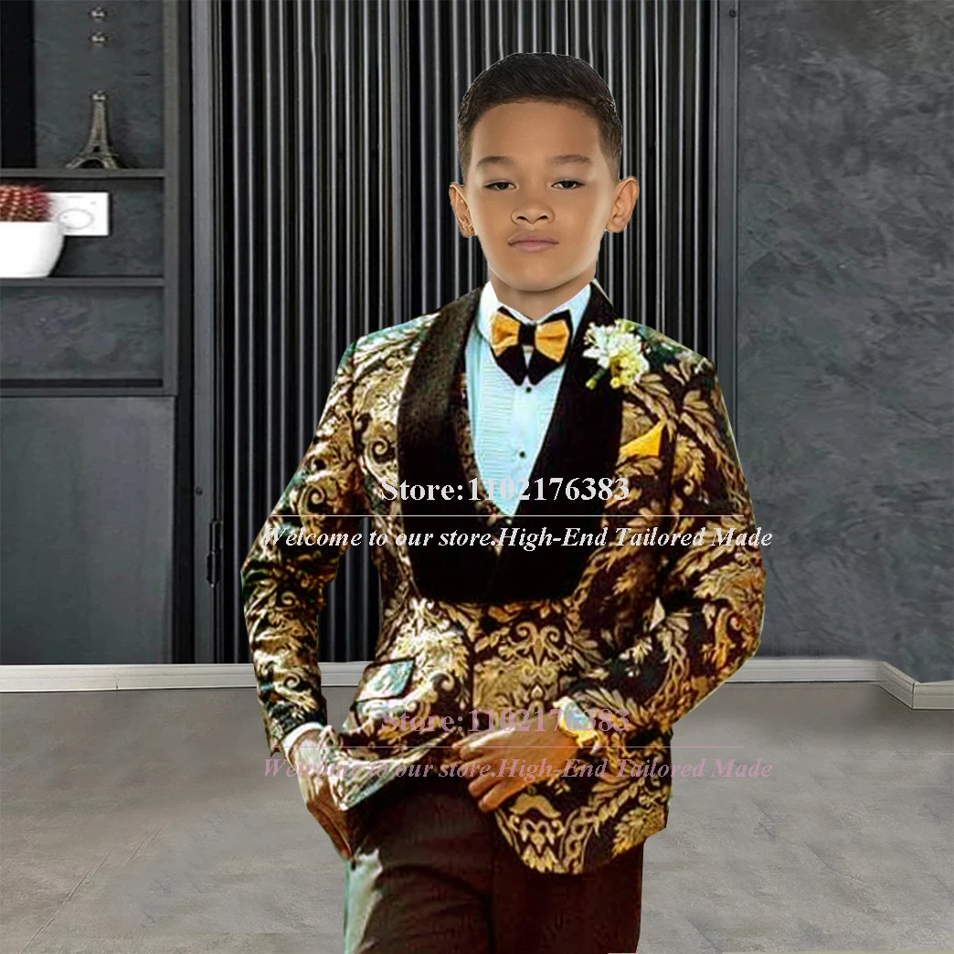 Gold Floral Kid Wedding Dress For Boy Tailore-Made Black Velvet Label Blazer Vest Pants 3 Pieces Children Birthday Clothing 2023