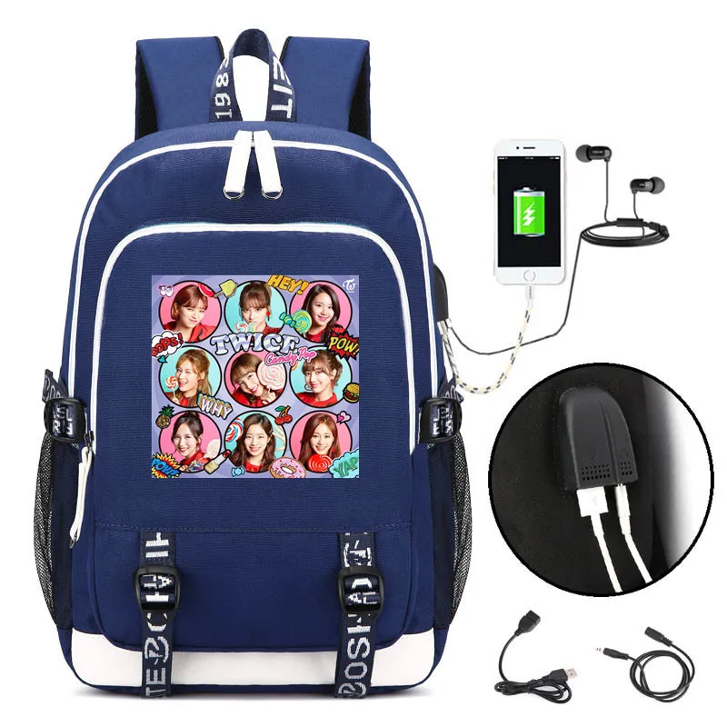 Hey Twice Girls Fans Backpack Rucksack Bag w/ USB Fashion Port / Lock / Headphone interface Students Book Laptop bag Co's'play