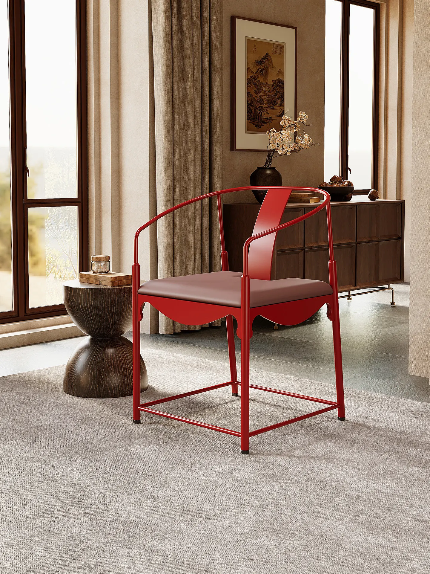 Cloud Chair Canyon Red New Chinese Single Sofa Embroidery Study Drinking Tea Backrest Armrest Master Chair