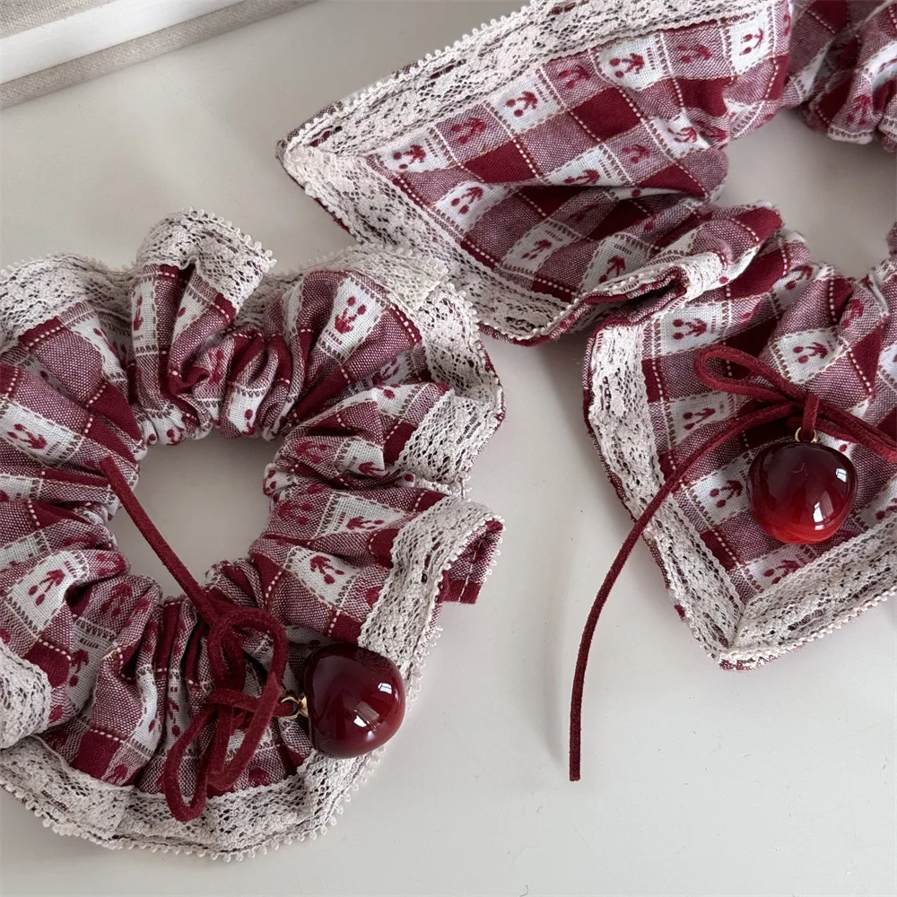 New Red Plaid Cherry Scrunchie Korean Windmill Hair Ring Cute Cherry Square Scarf Design Sweet Hair Accessories for Daily Outfit
