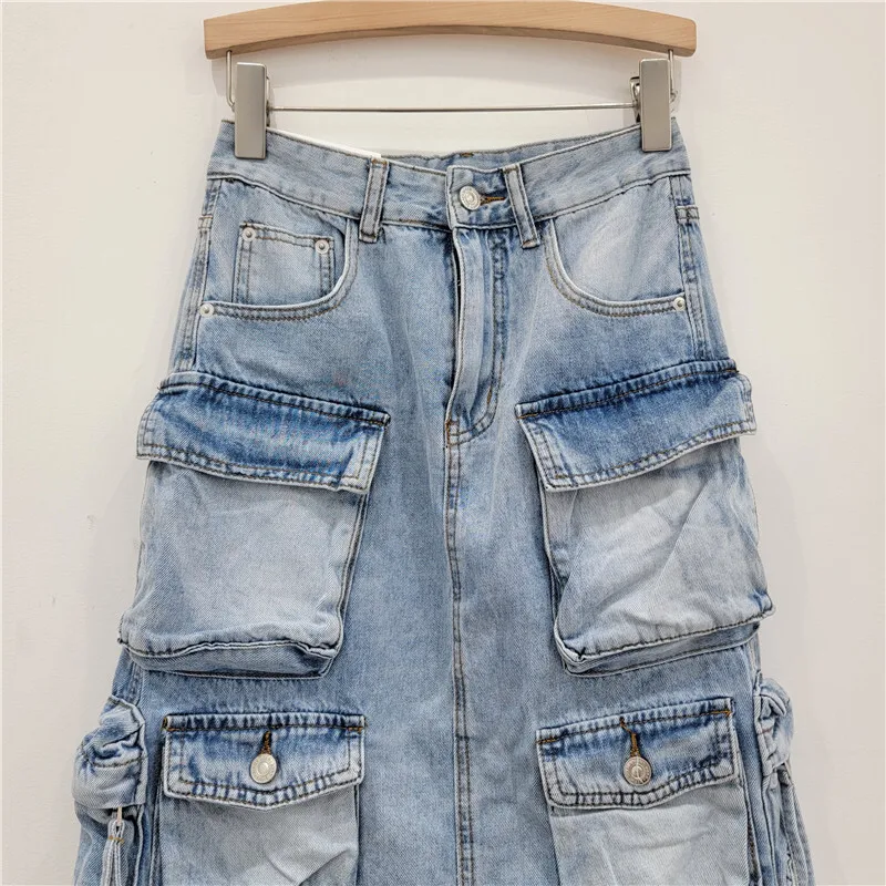 Damska spódnica robocza z denimu, z wysokim stanem, o prostym kroju, w stylu vintage, z wieloma kieszeniami, z rozcięciem z tyłu, codzienna, letnia, modna spódnica jeansowa dla kobiet.