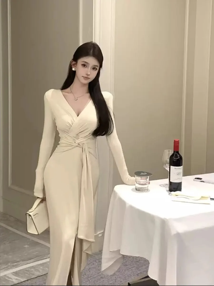 Vestido E Rosa com Decote em V e Mangas Longas para Mulheres, Primavera e Outono, Saia Dividida, Sexy, Cintura Alta, M...