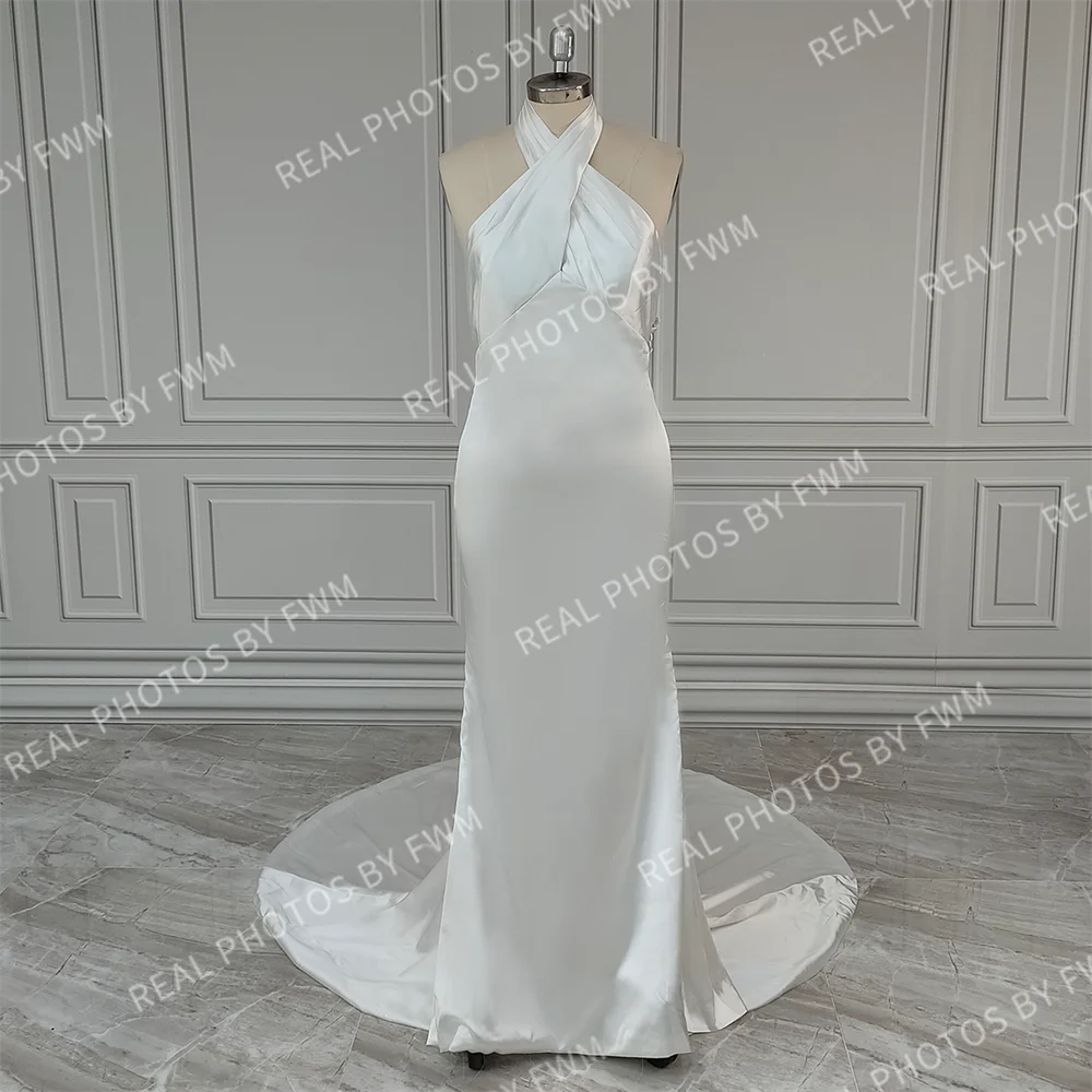 19029 #   Personalizado halter pescoço sereia vestido de casamento de cetim macio trem varredura sem costas vestido de noiva para mulher novia