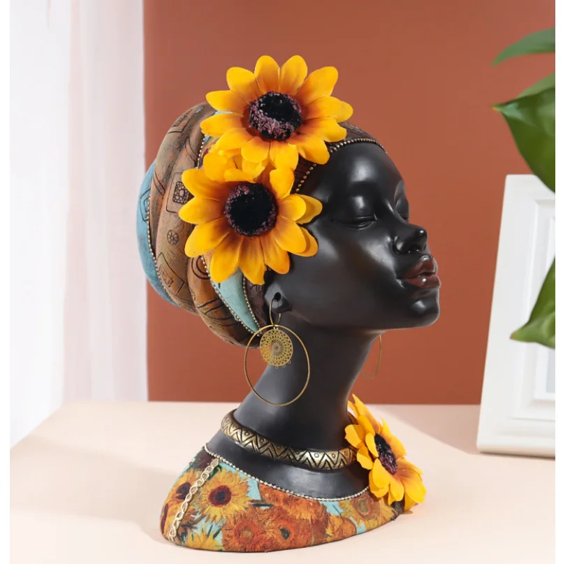 African Sunflower Sunflower Black Girl Portrait Ornament Ethnic Women Handmade Sculpture Crafts