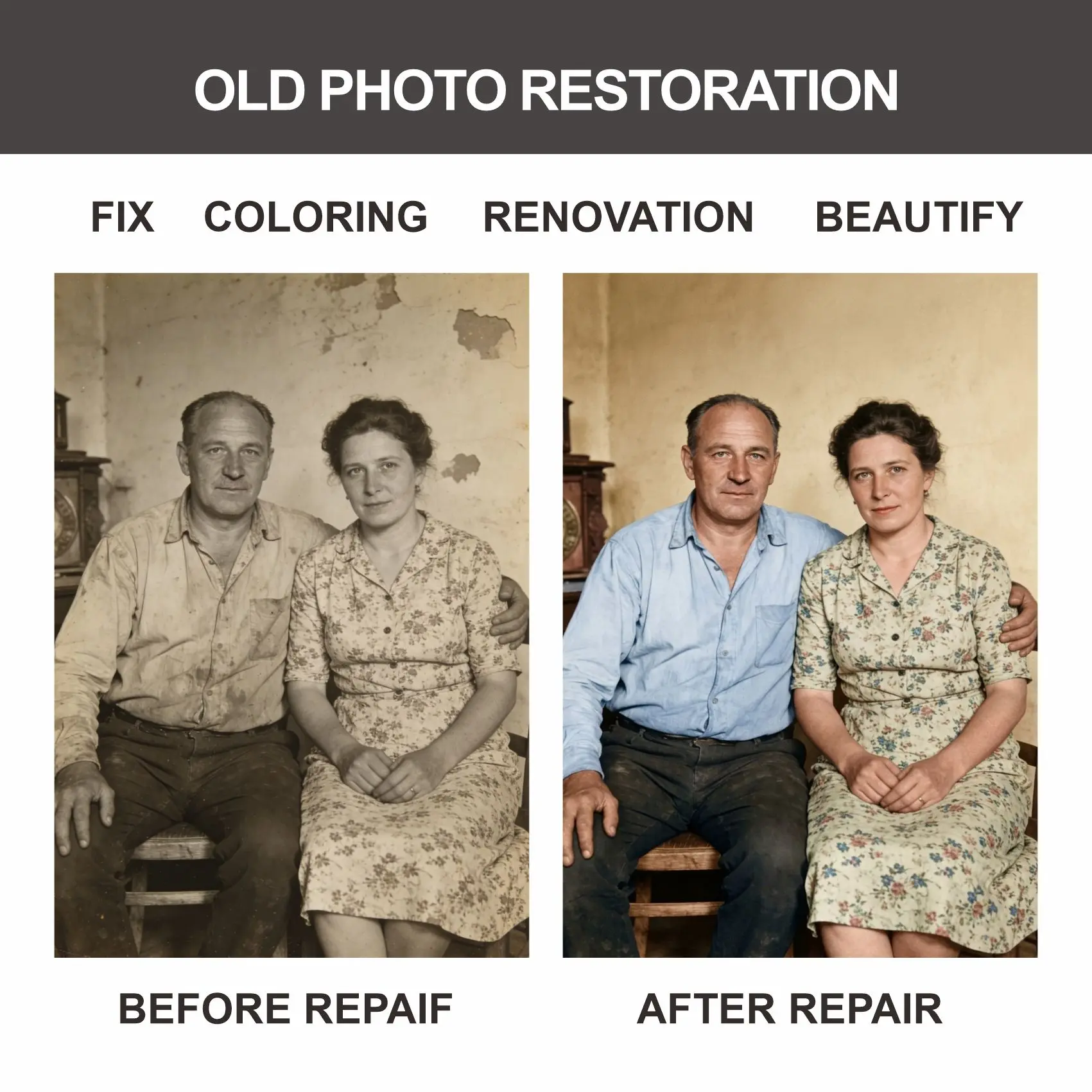Old photo repair and printing services,for the repair of blur,tearing,fading and scratches,frameless,for eternal commemorations