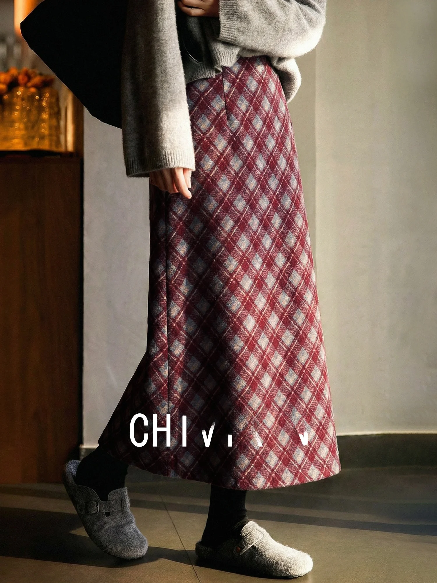 

Юбка миди Chivirin в стиле ретро, хлопковая, в клетку, с высокой талией, прямого кроя, для женщин, осень-зима, теплая, из смесового хлопка, полиэстера и спандекса