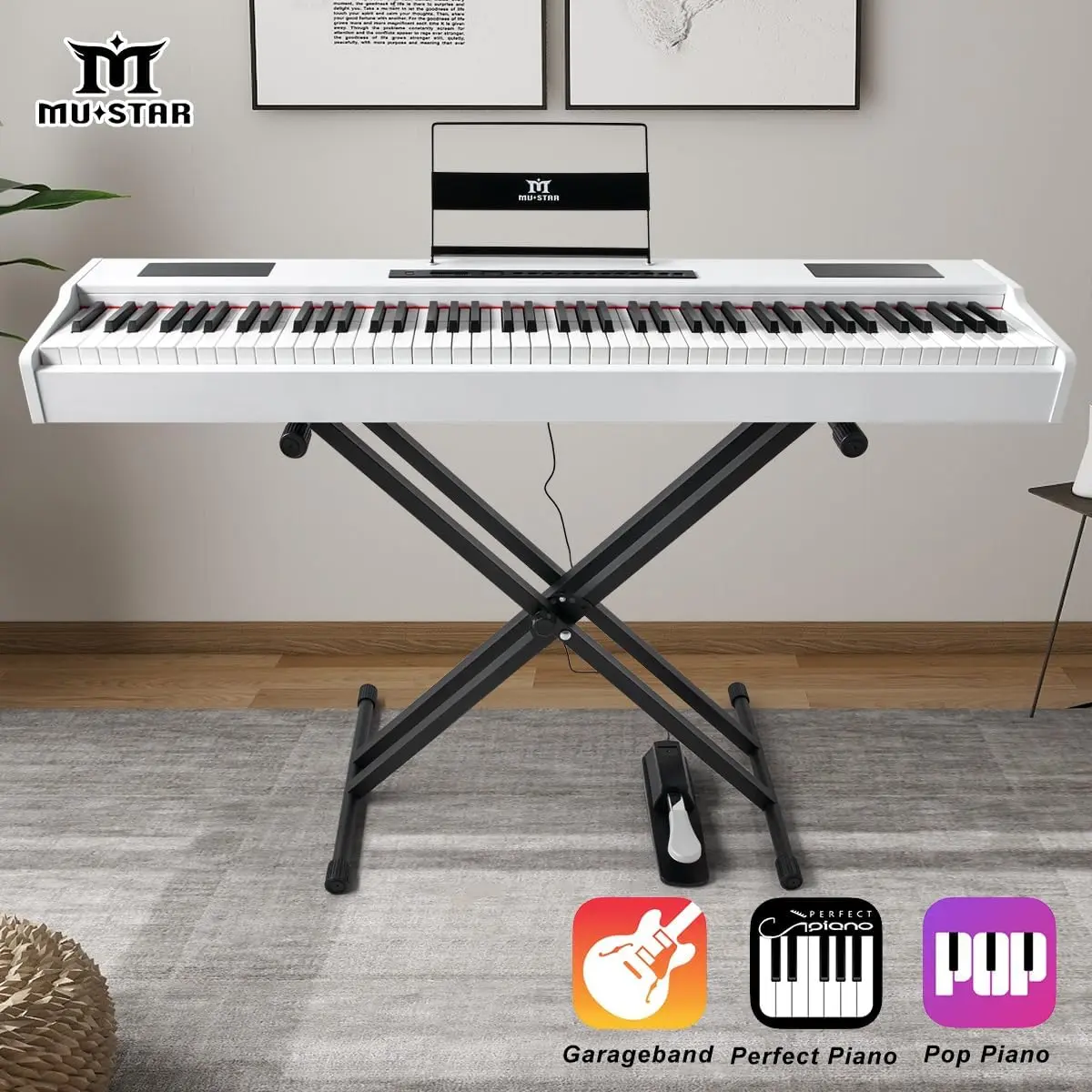 MUSTAR Digital Piano Keyboard 88 Keys Full Weighted Hammer Action MDP-3200 | 800 Tones, 600 Rhythms, 80 Demo, Height-Adjustable Stand, Carrying Case, USB MIDI, Wireless Connection, Sustain Pedal, White